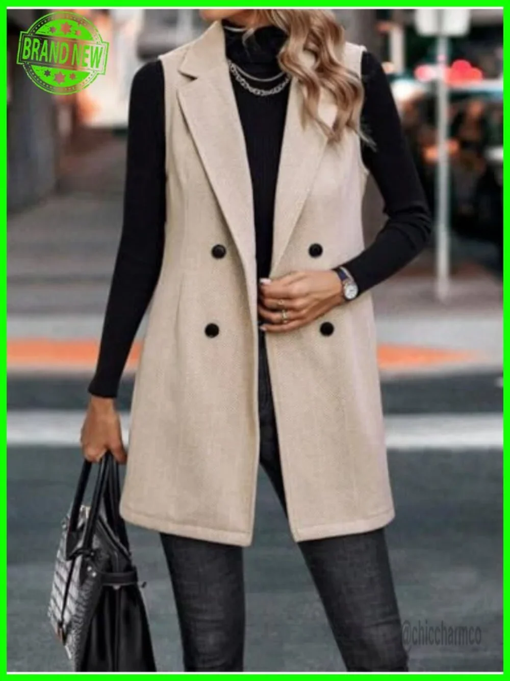 Long Sleeveless Tweed Blazer Vest Notch Lapel Double Breasted Cardigan Outerwear